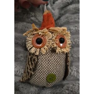 Rustic Burlap Owl Ornament with Button Eyes and Straw Fringe Detail